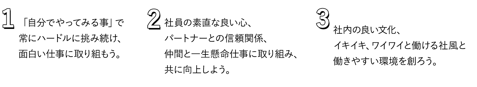 1.「自分でやってみる事」で常にハードルに挑み続け、面白い仕事に取り組もう。2.社員の素直な良い心、パートナーとの信頼関係、仲間と一生懸命仕事に取り組み、共に向上しよう。3.社内の良い文化、イキイキ、ワイワイと働ける社風と働きやすい環境を創ろう。