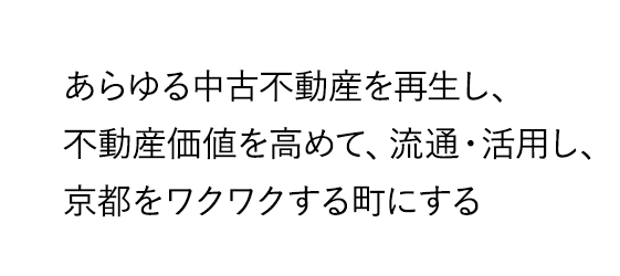 あらゆる中古不動産を再生し、不動産価値を高めて、流通・活用し、京都をワクワクする町にする