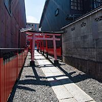物件の前から見た鳥居が建つ路地参道。